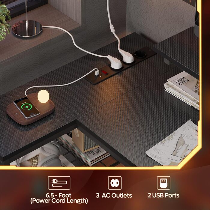 Ігровий кутовий стіл Bestier L-подібної форми з LED-підсвічуванням, розетками, 2 полицями та гачками – кутовий стіл для комп'ютера, офісу, спальні та геймінгу 106 x 80 см, 3D-вуглецеве волокно чорного кольору