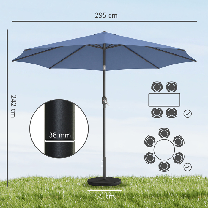 Сонячний парасолька діаметром 295 см, захист від сонця SPF 30+. Кругла парасолька для балкона, пляжу або ринку, підходить для пляжу, балкона та саду, блакитного кольору.