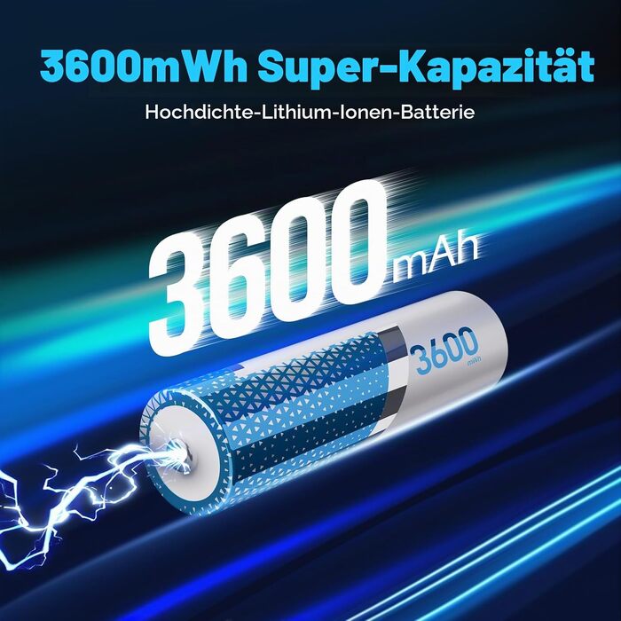 Набір акумуляторів AA Li-ion 1.5V 3600mWh (8 шт.) з зарядним пристроєм, висока ємність, 2000 циклів перезарядки