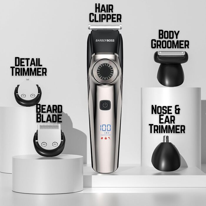Машинка для стрижки волосся та бороди BarberBoss QR-6083, тример для носа, 39 рівнів, керамічне лезо, водостійка, LED-дисплей