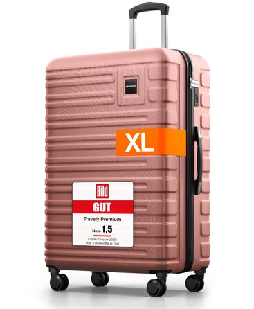 Валіза Travely XL 77 см з полікарбонату, містка валіза для подорожей 100 л, твердий корпус, TSA замок, 4 колеса, колір Rose Gold (77x52x29 см)