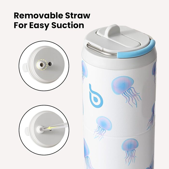 Термопляшка для води Stupid Jellyfish 750 мл з трубочкою, кришкою та ручкою, герметична, BPA-free, з подвійними стінками (дизайн: Корова)