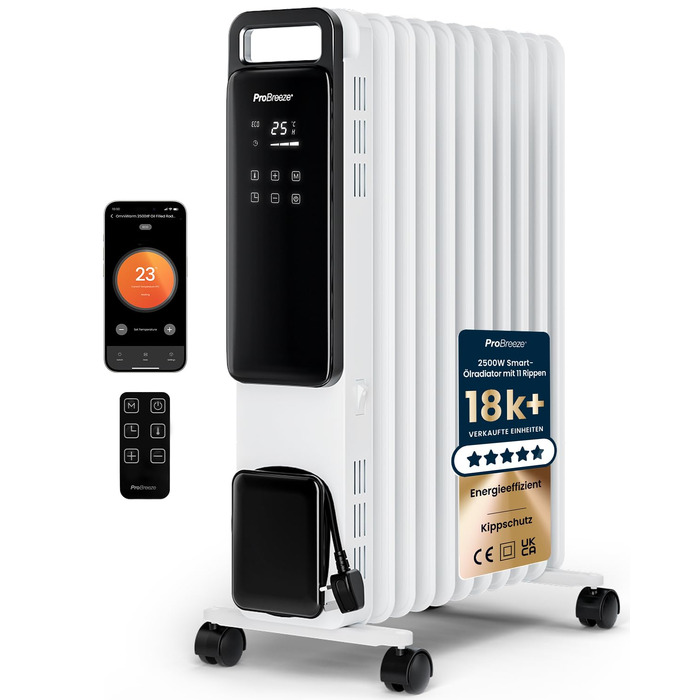 Розумний електричний масляний радіатор Pro Breeze 2500W, 11 секцій, керування через WLAN/App, з термостатом, таймером на 24г та сенсорним дисплеєм, білий
