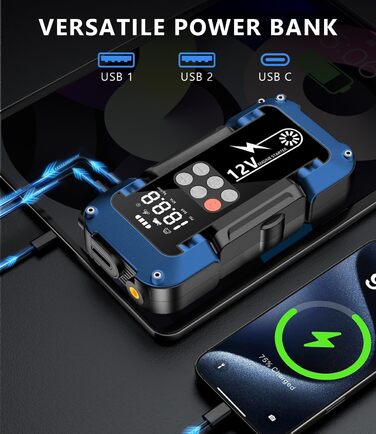 Портативний пусковий пристрій Starthilfe Powerbank з компресором 150PSI, 4000A, 12V для автомобілів та 8.0L дизель, 26800mAh, 4-в-1 з LED-ліхтариком та LCD дисплеєм