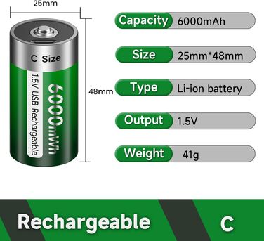 Акумулятори типу C (LR14) 1.5V 6000mWh літієві перезарядні, 4 шт. з USB-C кабелем для швидкої зарядки