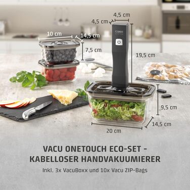 Акумуляторний вакууматор CASO Vacu OneTouch Eco-Set з 3 скляними контейнерами, 10 ZIP-пакетами та стікерами Food Manager, чорний