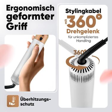 ProfiCare PC HAS 3132 Airstyler 4-в-1: Фен-щітка для локонів, об'єму, випрямлення та сушіння волосся 1000W, біло-рожевий