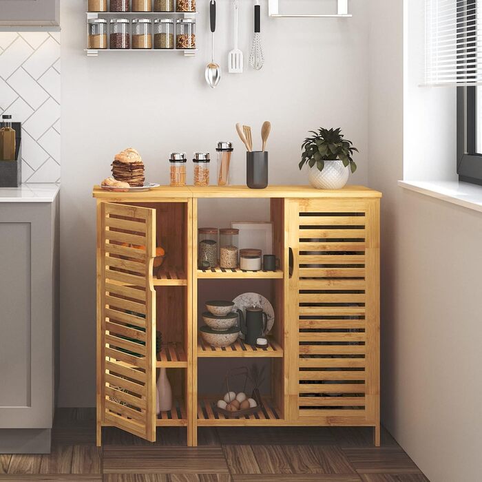 Шафа для ванної кімнати Sogesfurniture з бамбука, шафка для ванної, приліжкова шафка з 4 полицями та жалюзі-дверцятами, шафа для зберігання у ванну кімнату, вітальню, кухню (33x100x87 см)