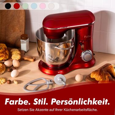 Кухонний комбайн Kitchen in the box Fab-Serie 6L: потужний планетарний міксер 1300 Вт, 10 швидкостей, з набором насадок (гак, вінчик, міксер), червоний
