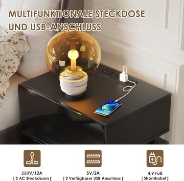 Тумба приліжкова Lvhecforhm з LED підсвіткою, USB та розетками, 16 кольорів, чорний глянець, з відкритими полицями