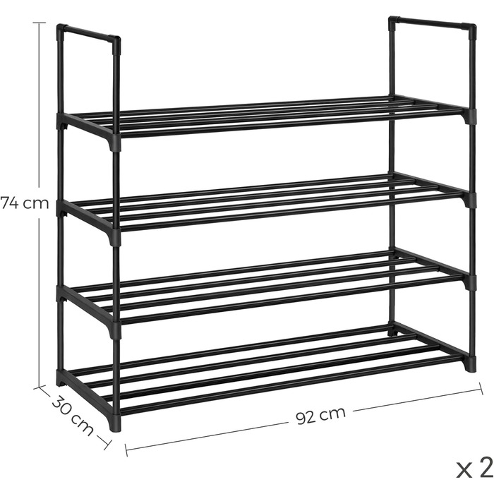 Металевий стелаж для взуття SONGMICS, 4 рівні, 2 шт, на 20 пар, чорний, 30x92x74 см, для коридору, вітальні та гардеробу