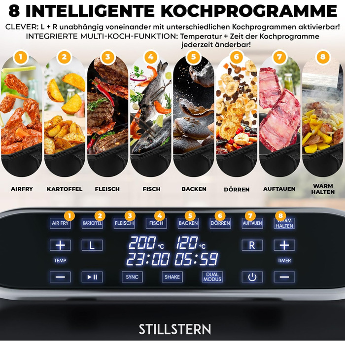 Подвійна аерофритюрниця Stillstern 8 л, 2400 Вт, 8 програм, Shake-функція, 80-200°C, для 1-8 осіб, дегідрація, розморожування, підтримка тепла, 120 рецептів, чорна