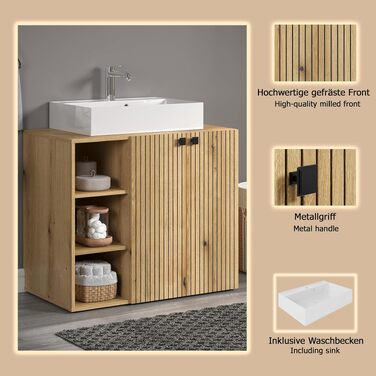 Тумба під раковину на колесахх trendteam PureBliss, 80x64x42 см, дуб Evoke, з 2 відкритими полицями та металевими ручками