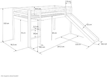 Дитяче ліжко Homestyle4u 90x200 см, біле, з гіркою та рожевим шторкою, дерев'яне ліжко-горище з сосни для дитячої кімнати