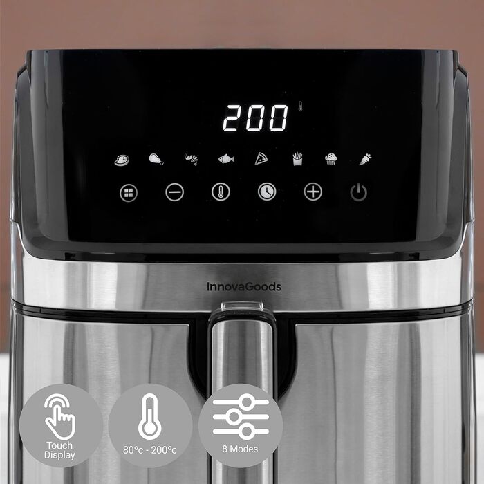 Аерофритюрниця InnovaGoods 5,5 л, 1700 Вт, 8 програм, сенсорний екран, 100 рецептів, таймер, 360° циркуляція повітря, для 4-6 осіб