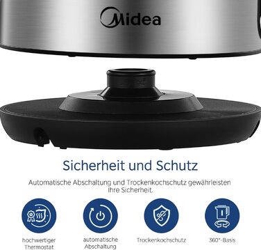 Електрочайник Midea MK-17S30A2 з нержавіючої сталі, 1.7 л, BPA-free, 2200 Вт, швидке кип’ятіння, ізольована ручка, індикатор рівня води, LED-підсвітка, захист від перегріву