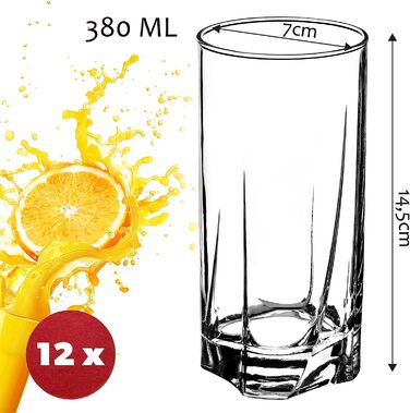 Набір склянок KADAX 12 шт 380 мл – міцне рифлене скло для води, соку, коктейлів, напоїв, товстостінні склянки для вечірок