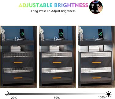 Нічний столик Lvifur з LED-підсвічуванням, сенсором руху та USB/Type-C зарядкою, 2 шухляди, бездротова зарядка, 3 кольори, регулювання яскравості, чорний