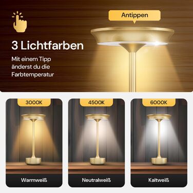 LED настільна лампа Designgold бездротова з акумулятором - стильний дизайн, 3 кольори світла, диммування, для дому та на вулицю, зарядка USB-C (Золота)