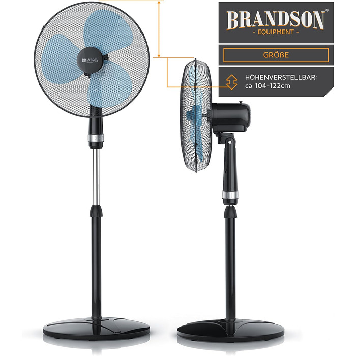 Вентилятор підлоговий Brandson 50 Вт, 40 см, регульована висота та кут нахилу 30°, 3 швидкості, коливання 80°