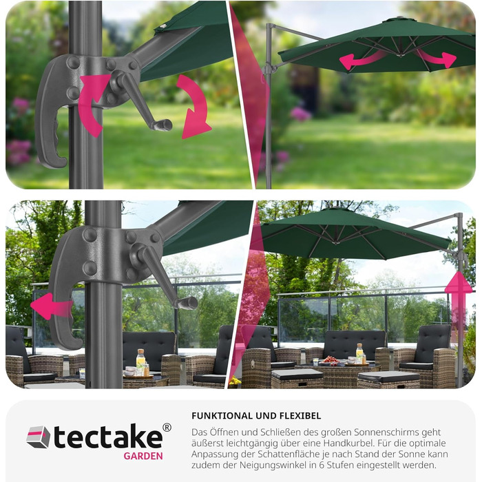 tectake® Парасолька-ампель для саду, зелена, 300 см, з чохлом, регульована висота, складна, з педаллю, ручкою, UV 50+, для тераси або балкону