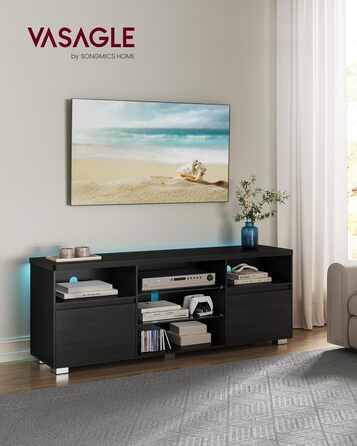 TV-тумба VASAGLE Kailyn LTV331T10 чорна з LED підсвіткою під телевізор до 70 дюймів, з полицями та шафками для вітальні