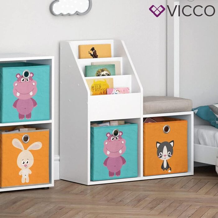 Дитяча книжкова полиця Vicco Luigi, біла, 72x79 см, з 2 складними коробами, малюнок Лисиця/Заєць