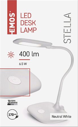 Настільна LED-лампа EMOS STELLA, 6,5 Вт, 400 лм, 4000K, гнучкий корпус, біла