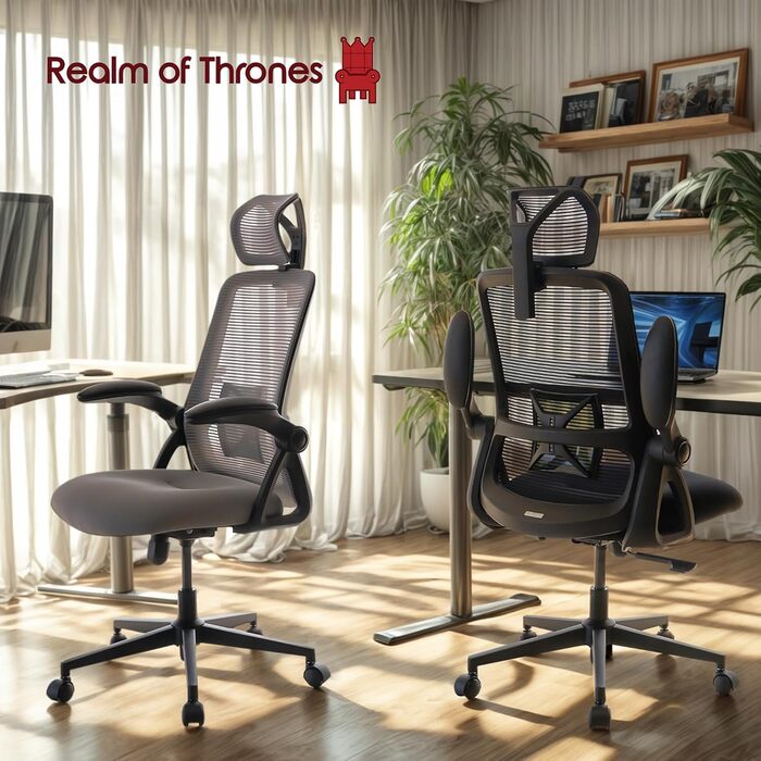 Офісний стілець Realm of Thrones CAPTAIN: ергономічний, з регульованою підтримкою спини, відкидними підлокітниками та дихаючою сітчастою спинкою (Чорний)