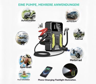Пусковий пристрій (бустер) для авто 3000A з компресором 150 PSI, портативний Powerbank для PKW, SUV, дизель до 8L, з LED-ліхтарем та PD