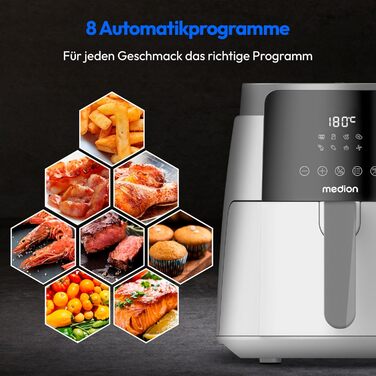 Аерофритюрниця MEDION P40 L 4,7 л, 1500 Вт, біла, антипригарне покриття, таймер, до 200°C, для приготування без олії