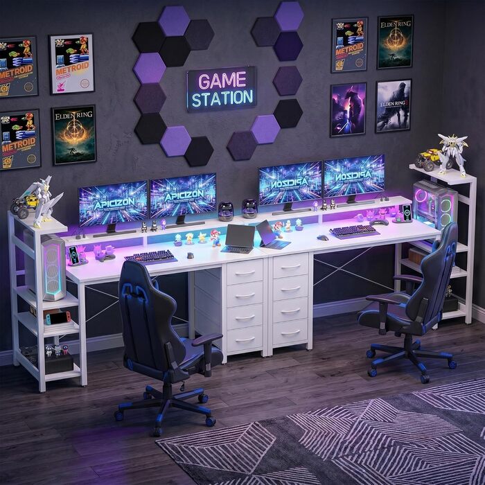 Ігровий стіл APICIZON 150 см з полицею, підставкою для монітора та RGB-підсвіткою, білий карбон. Стіл для ПК з USB-портами, тримачем для навушників та підставкою для чашки