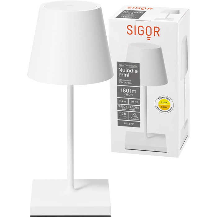 Світлодіодна акумуляторна настільна лампа SIGOR Nuindie 2.0 mini, димірується, для дому та вулиці, IP54, USB-C, 25 см, 12 годин роботи, біла