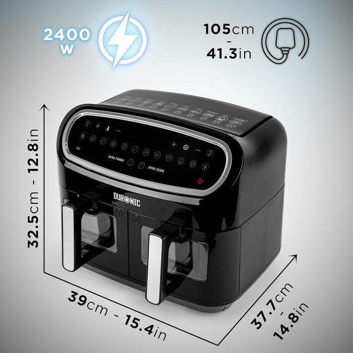 Аерофритюрниця Duronic AF34 BK 10 л для приготування картоплі фрі та страв без олії, чорна, електрична, фритюрниця з гарячим повітрям