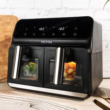 Подвійна аерофритюрниця Petra PT5196GWVDE 7,6 л, 1700 Вт, без масла, з двома антипригарними кошиками, оглядовими вікнами та 10 програмами приготування
