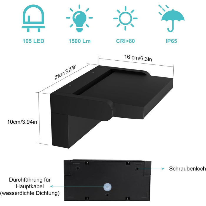 Світильник настінний вуличний LED Klightern 24W, тепле біле світло 3000K, IP65 водонепроникний, поворотний, алюміній, 1500 Лм, чорний