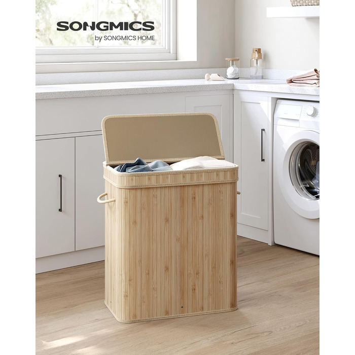 Кошик для білизни SONGMICS з кришкою, 100 л, бамбук, знімний мішок, ручки, натуральний бежевий
