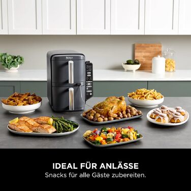 Вертикальна аерофритюрниця Ninja Double Stack XL Air Fryer 9,5 л з цифровим термометром, 6 функцій приготування, 2 рівні, сіра SL451EU