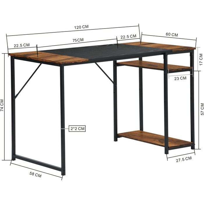 Письмовий стіл з полицями FurnitureR 120x60x74 см, дерев'яний та металевий, для дому, офісу, вітальні, в індустріальному стилі, чорно-коричневий