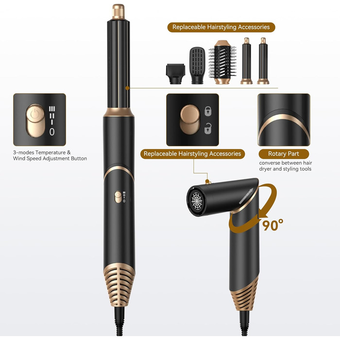 UKLISS 5-в-1 Airstyler Фен-щітка для укладки волосся з насадками (чорний) - професійний фен, стайлер, випрямляч, кругла щітка для волосся 60000 об/хв