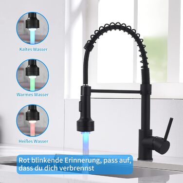 Змішувач кухонний AIMADI висувний, чорний, з двома режимами струменя (спрей та потік), одноручний, LED 189 New