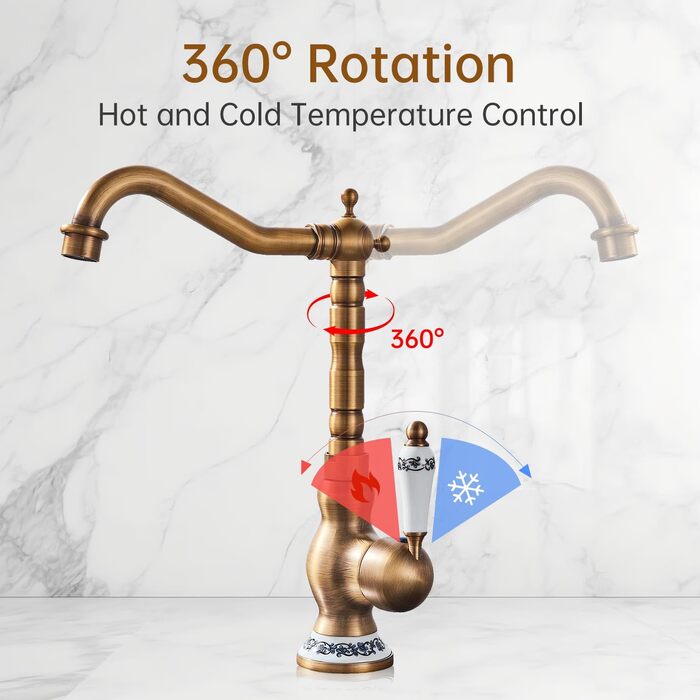 Змішувач для кухні ретро латунний високий з дуговим виливом Vintage Braun, кран для мийки у вінтажному стилі