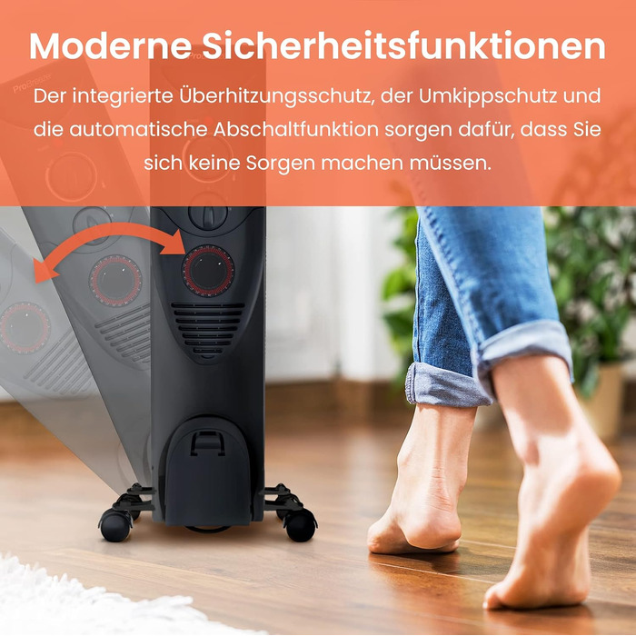 Масляний обігрівач Pro Breeze 2500W, електричний радіатор з 11 секціями, 3 режимами нагріву, термостатом та 24-годинним таймером, захист від перегріву та перекидання, чорний