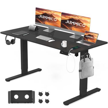 Електричний стіл з регулюванням висоти JUMMICO 140x80 см, ергономічний комп'ютерний стіл для роботи сидячи та стоячи, з зарядним пристроєм та системою кабель-менеджменту (Чорний)