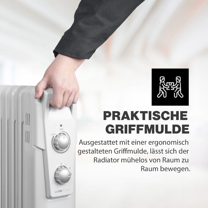 Масляний радіатор Clatronic RA 3735, електричний обігрівач Slimline на 1500 Вт, 7 секцій, 3 рівні потужності, для приміщень до 30 м²