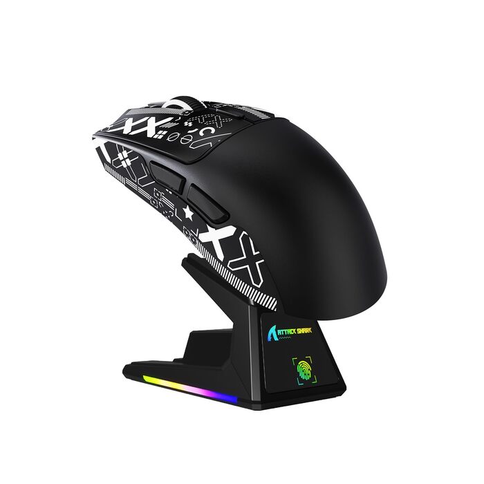 Ігрова миша Attack Shark X1 з RGB док-станцією, сенсором PixArt PAW3395PRO, 40000 DPI, бездротова/дротова (BT/2.4G), вага 53г, біла/чорна