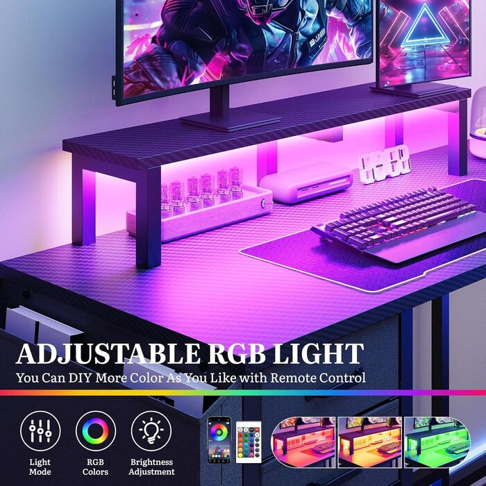 Ігровий кутовий стіл YITAHOME з розетками та LED підсвіткою, 150x100x150 см, чорний - стіл для комп'ютера з полицями та підставкою під монітор для дому/офісу