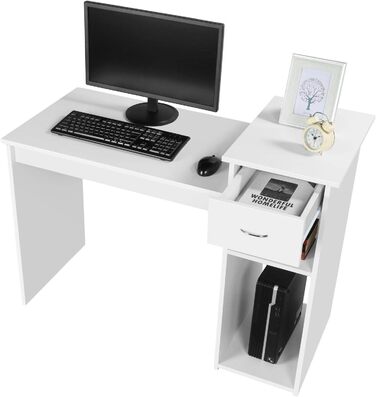 Стіл для комп'ютера Yaheetech 112x82x50 см, білий, з висувною шухлядою та 2 полицями з МДФ, офісний письмовий стіл