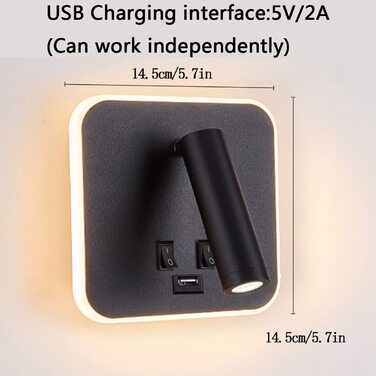 Настінна світлодіодна лампа TWSXTE з USB, поворотна, для спальні, читання, чорна, квадратна, 3000K, 3W+10W