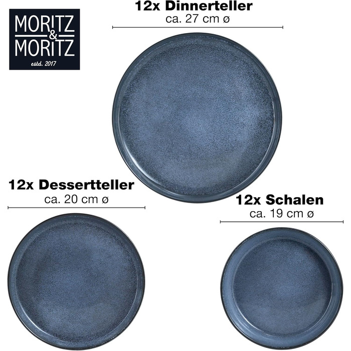 Сервіз Moritz & Moritz VIDA на 12 осіб, 36 предметів, синій – сучасний порцеляновий посуд, стійкий до подряпин, для мікрохвильовки та посудомийки, столовий набір